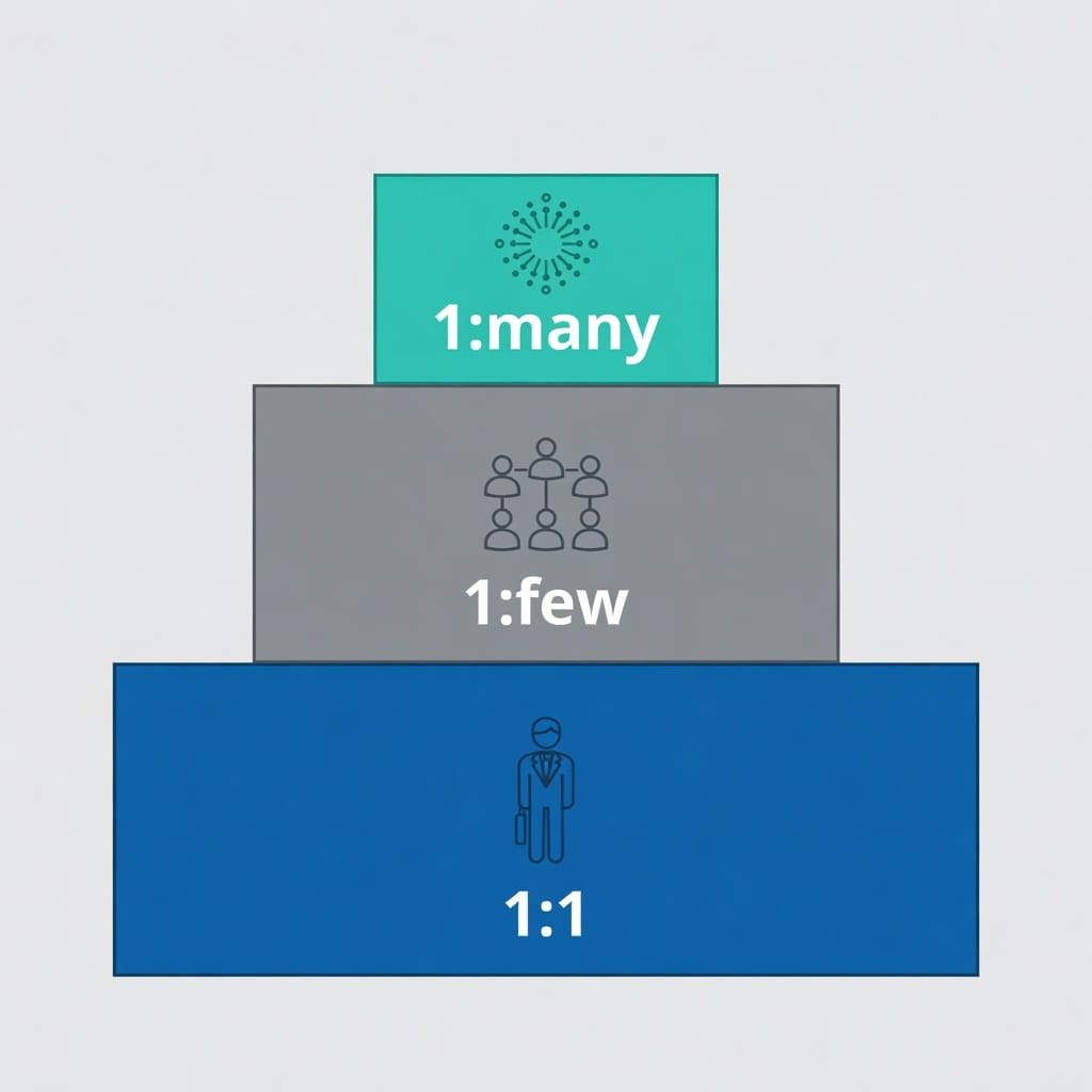 Three tiers of ABM campaigns illustration showing 1:1, 1:few, and 1:many