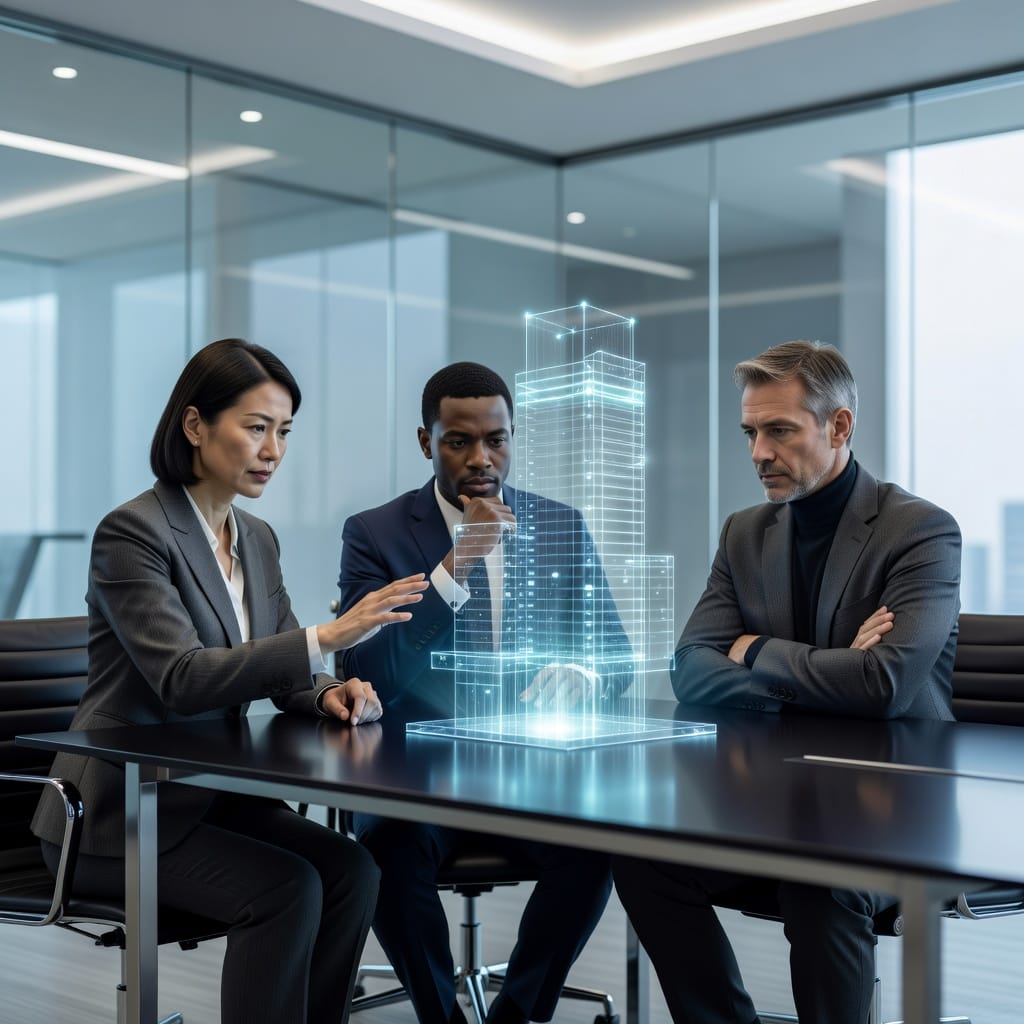 A photorealistic illustration of three business professionals sitting around a sleek conference table examining a single glowing holographic company building in the center, representing the buying committee concept.