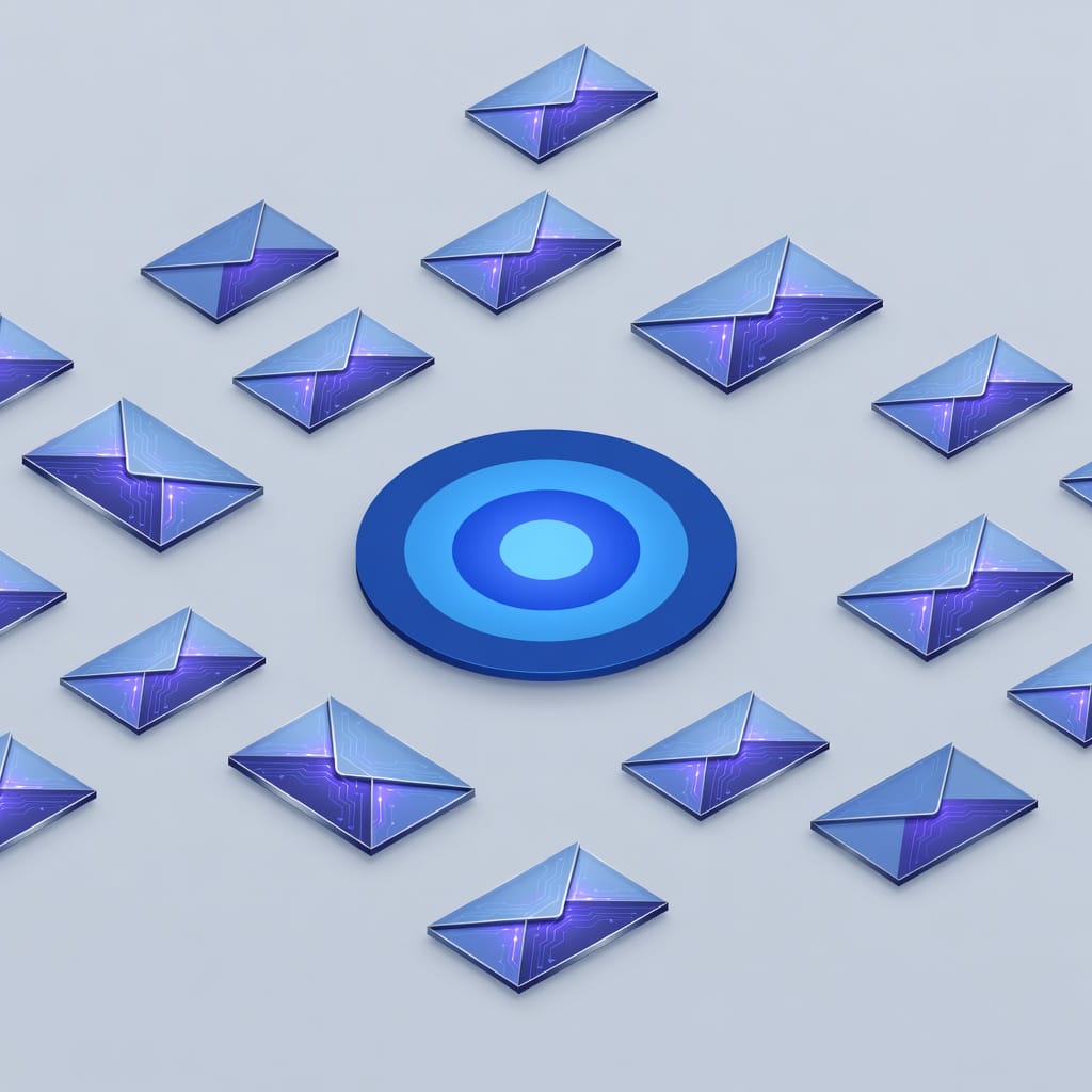 A modern 3d isometric illustration showing a bullseye target surrounded by scattered high-tech digital envelopes representing account based sales as a targeted B2B strategy.