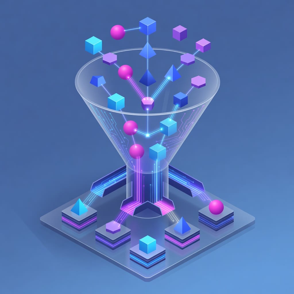 A high quality isometric 3D illustration of a futuristic glowing funnel sorting out distinct colored geometric shapes, representing targeted sales processes and account tiering.