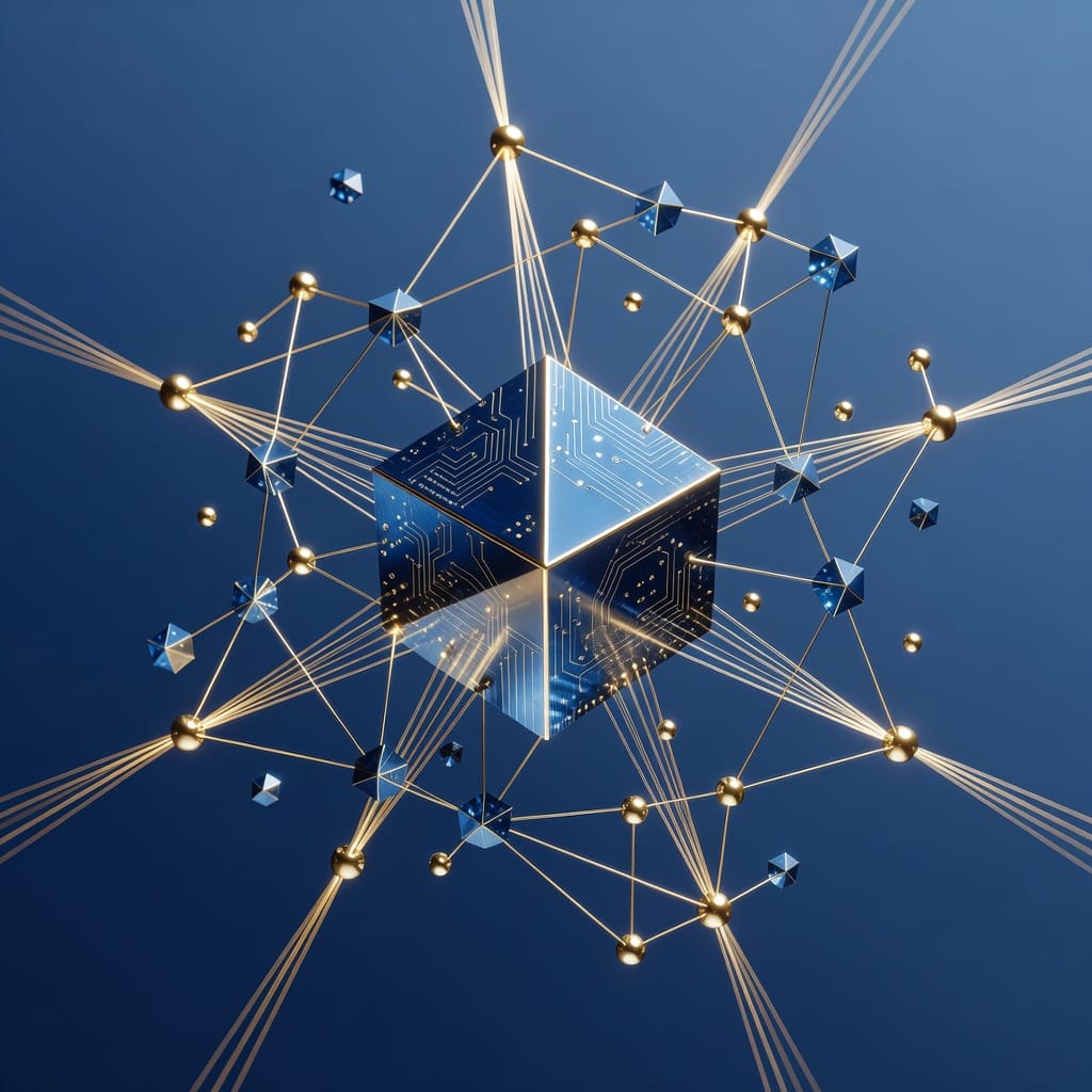 Abstract 3D rendering representing a Chief Operating Officer connecting dots across a global network, corporate blue and gold color scheme