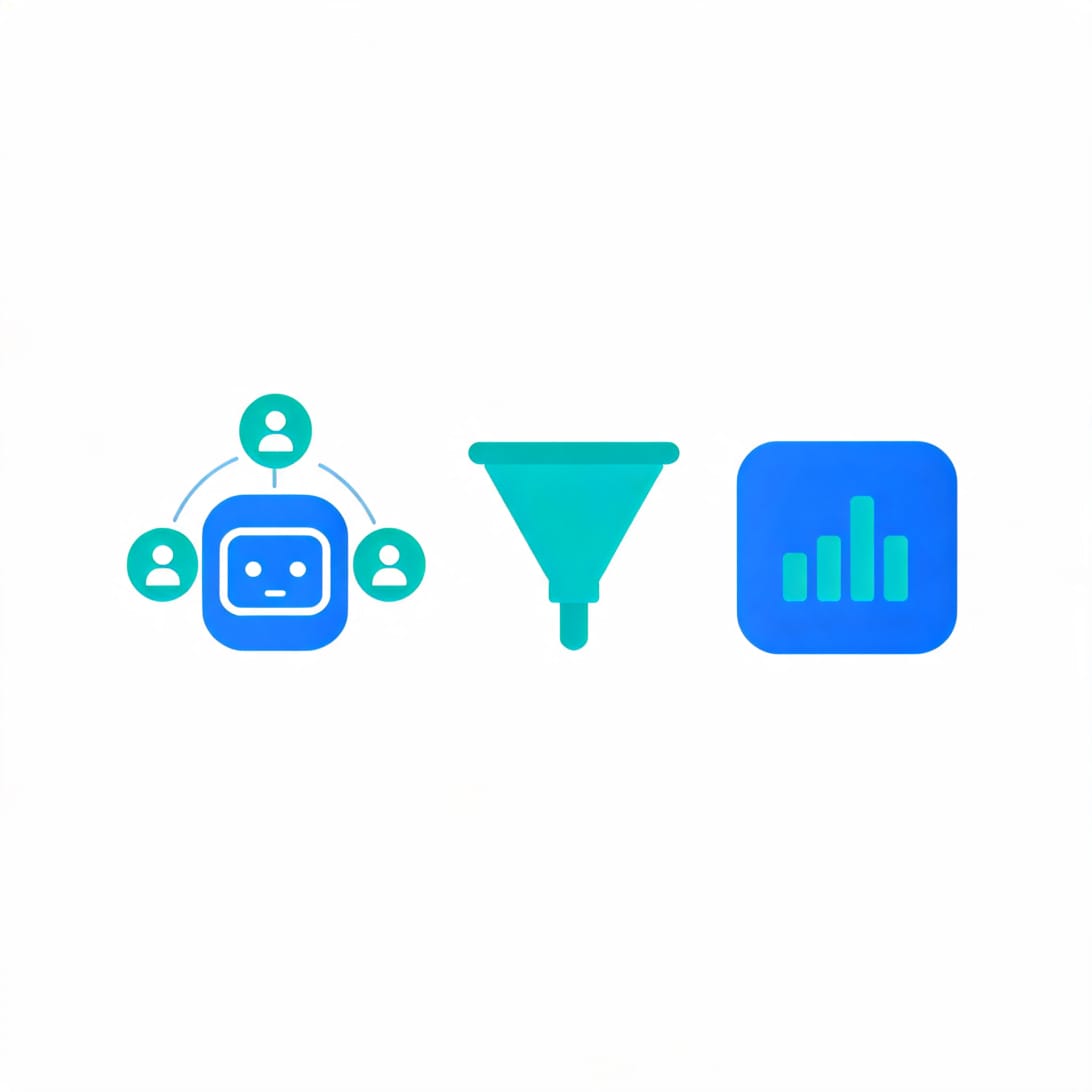 Comparison illustration showing sales intelligence tools including an AI agent icon with account circles, a prioritization funnel icon, and a data analytics icon arranged side by side