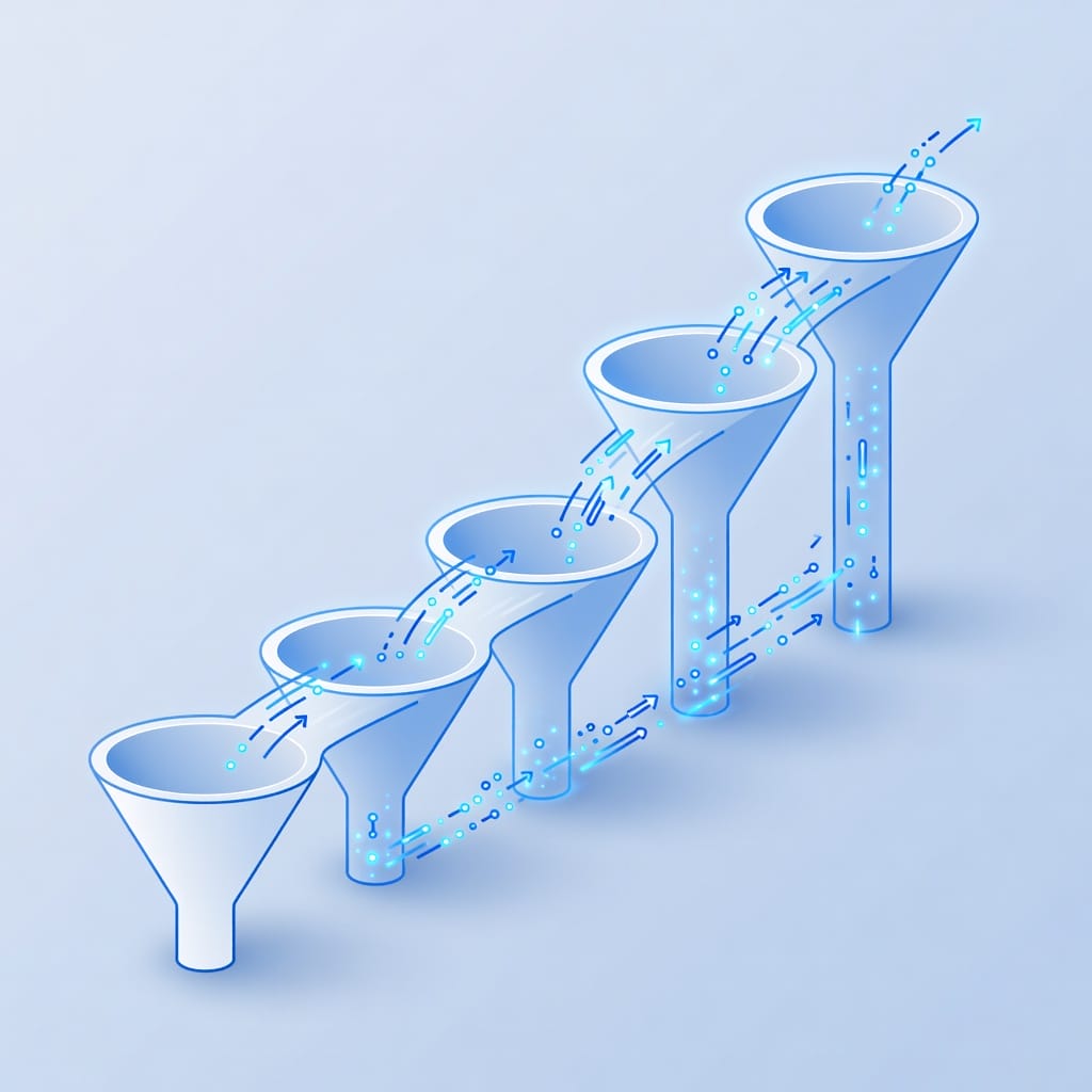 Abstract AI value ladder illustration showing signals moving through customer journey stages