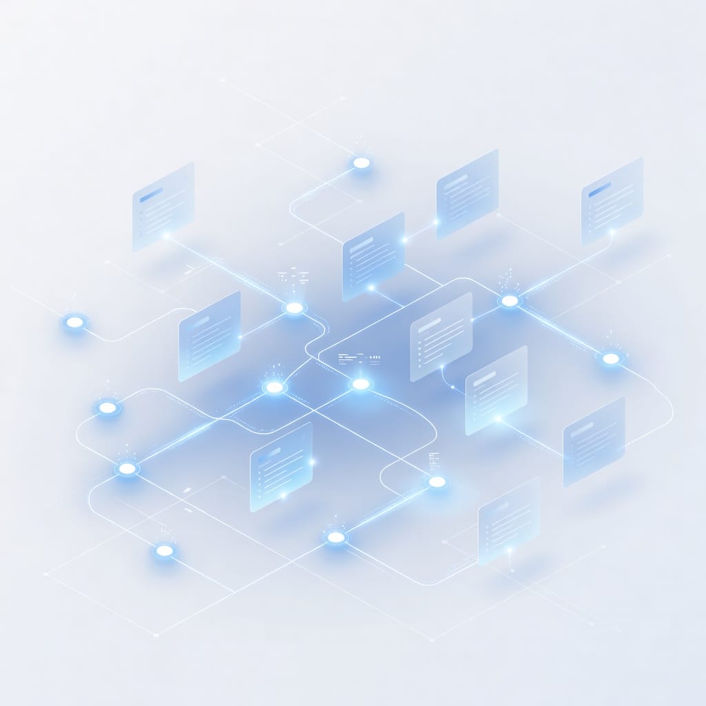 Abstract AI outbound sales workflow illustration with connected inboxes and pipeline paths, no text