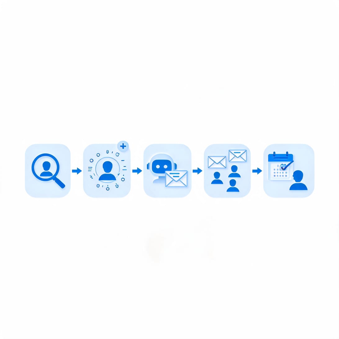 AI-powered email personalization workflow showing prospect research, data enrichment, personalized email generation, campaign execution, and meeting booking