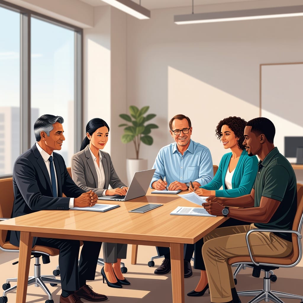 A meeting room scene with five diverse professionals around a table, representing the different buyer personas in a B2B buying committee.