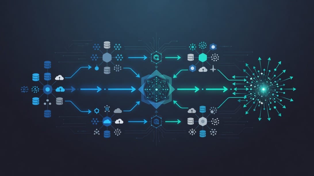 Data pipeline visualization showing flow from data sources through verification to outreach