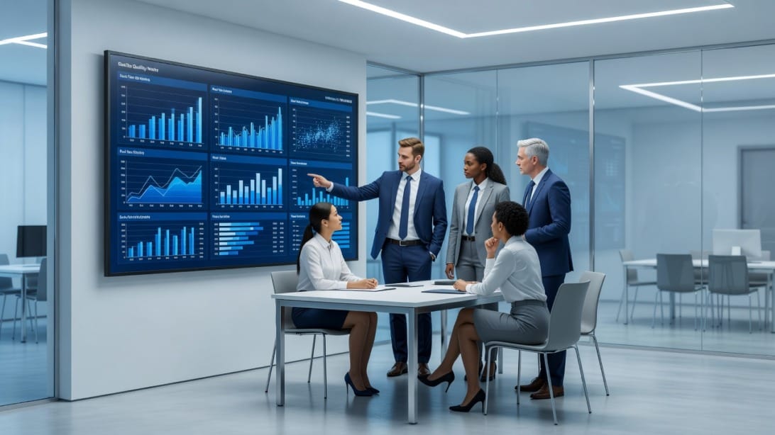 Business team analyzing data quality metrics on dashboard