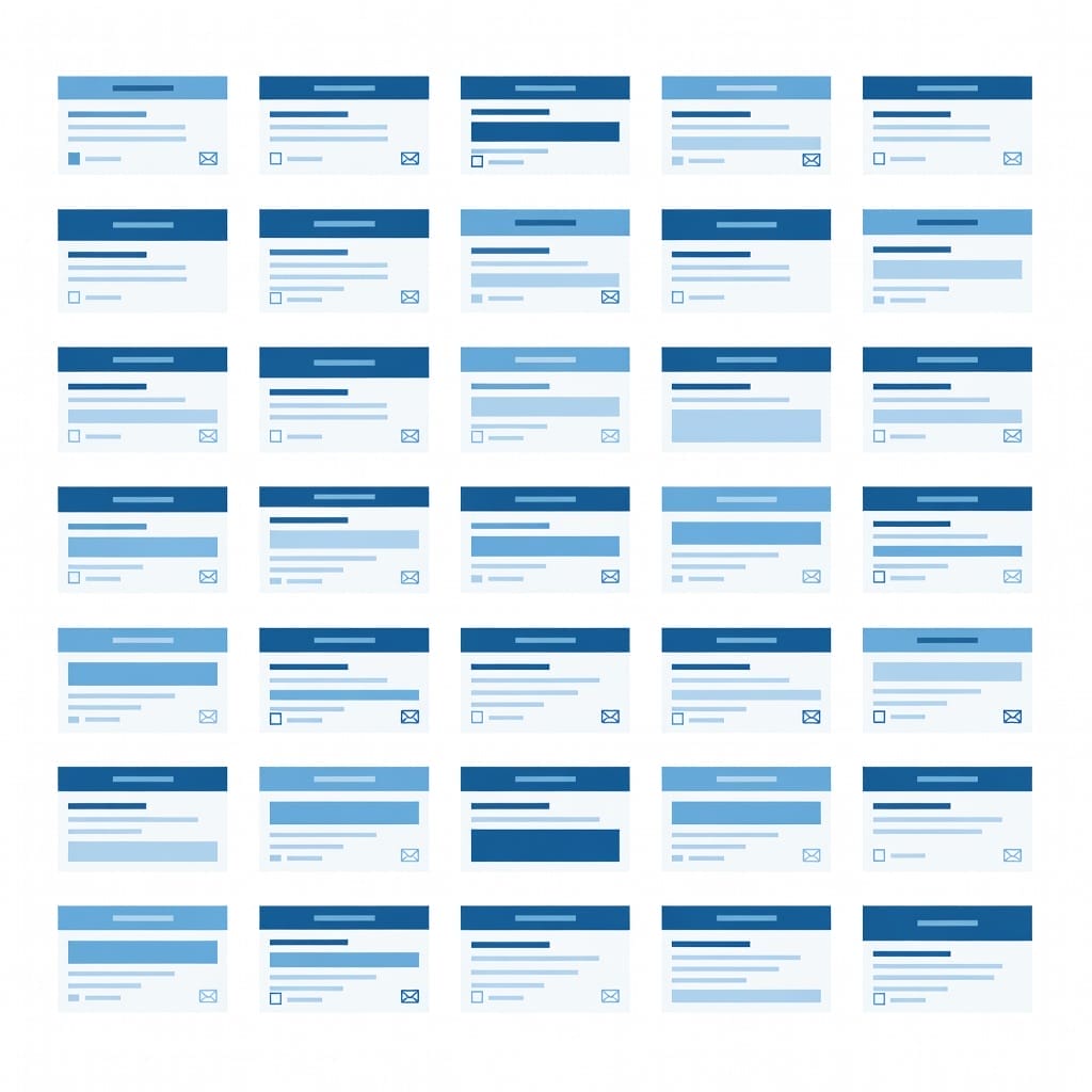 Email templates arranged like a catalog grid in professional blue and white scheme