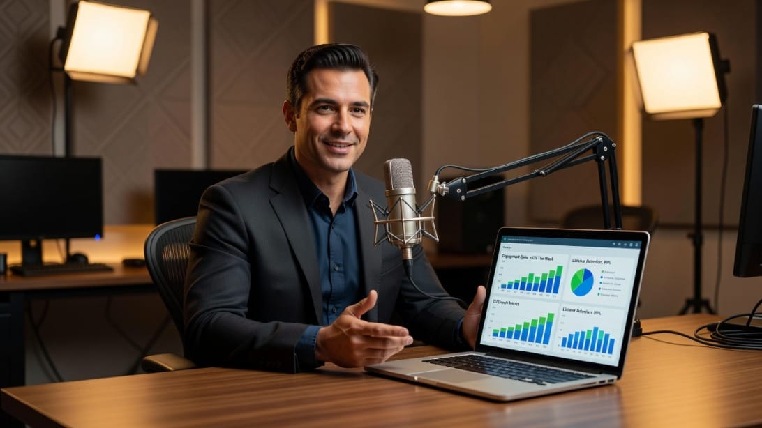 Business professional recording a B2B podcast with microphone and laptop
