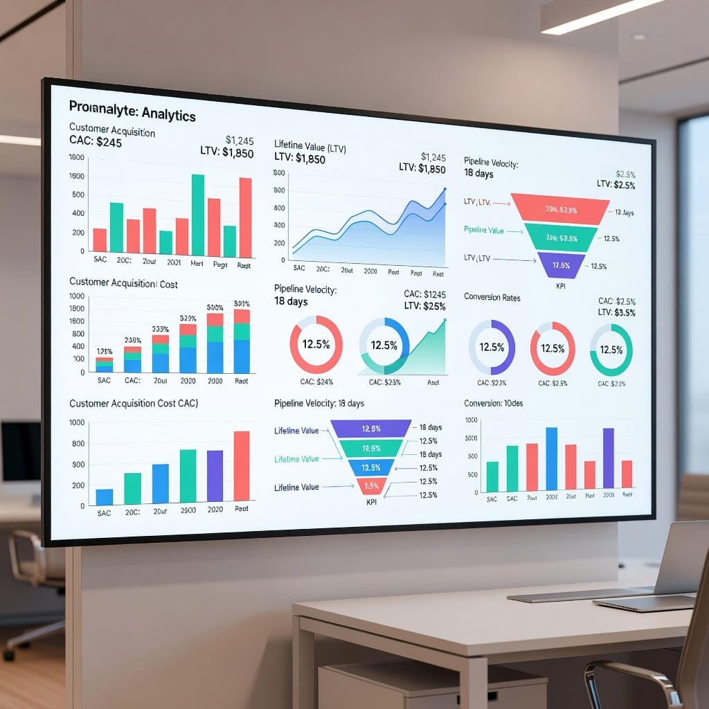 A professional B2B marketing analytics dashboard showing charts, graphs, and KPI metrics for tracking campaign performance and revenue attribution.