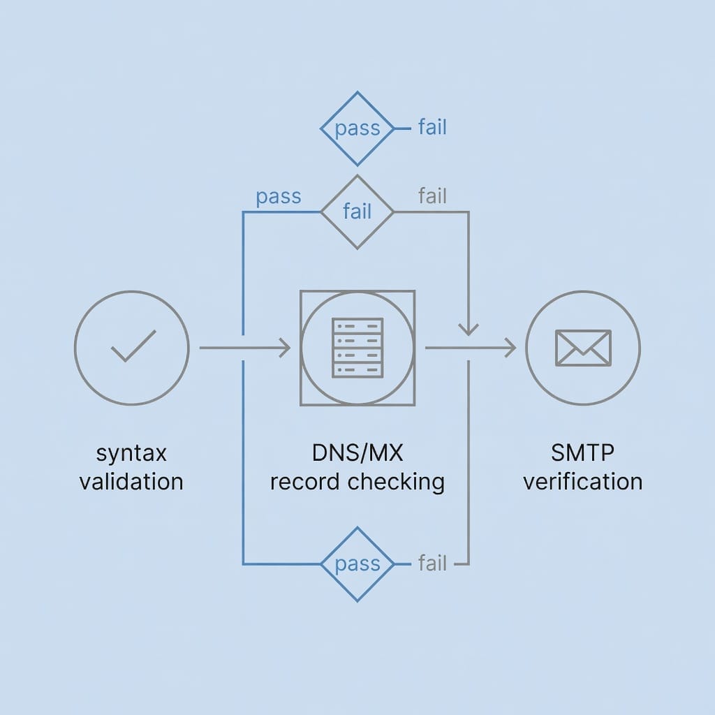 Technical flowchart diagram illustrating the three-stage email verification process from syntax validation through DNS checking to SMTP verification