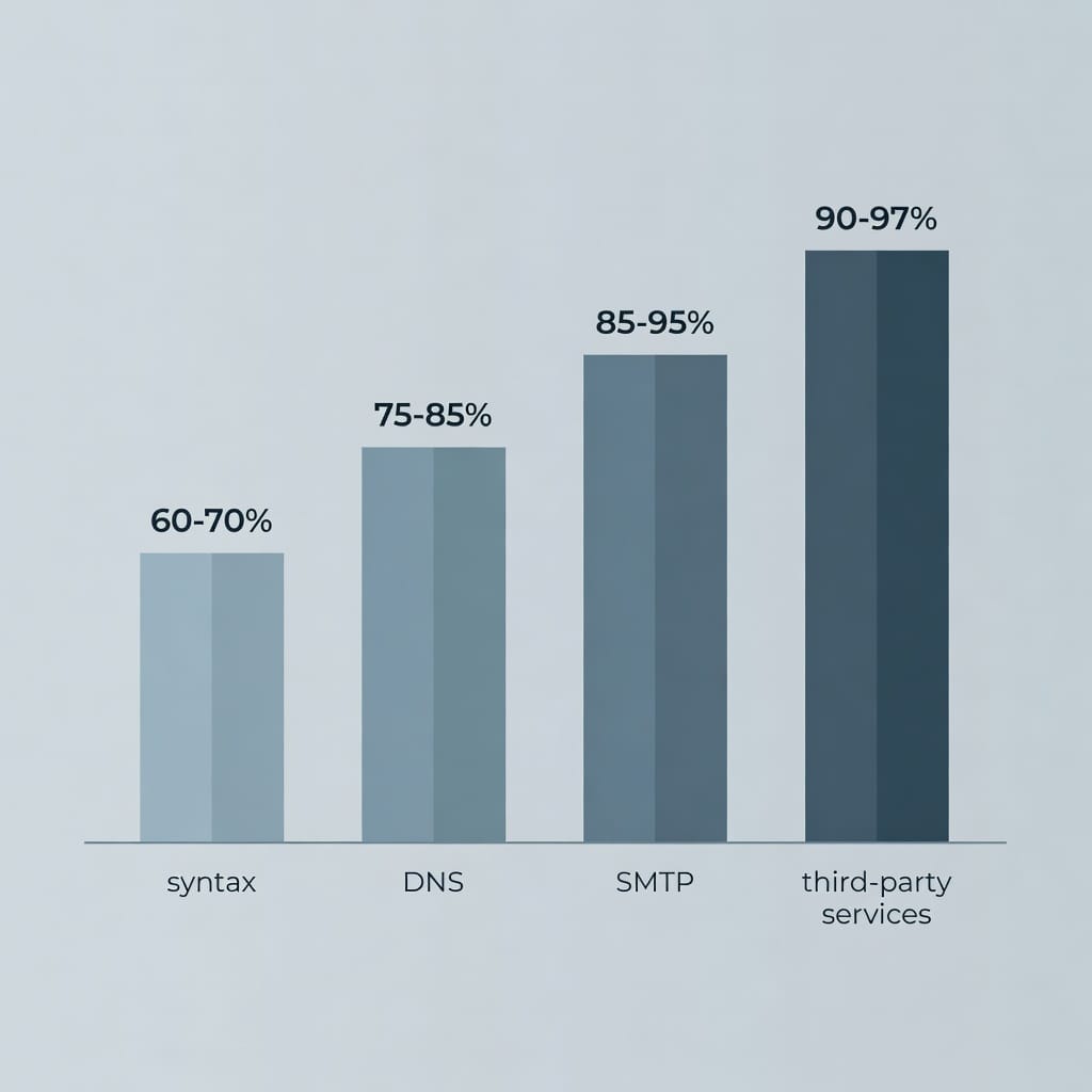 Visual comparison chart displaying accuracy ranges for different email verification methods from syntax-only to third-party services