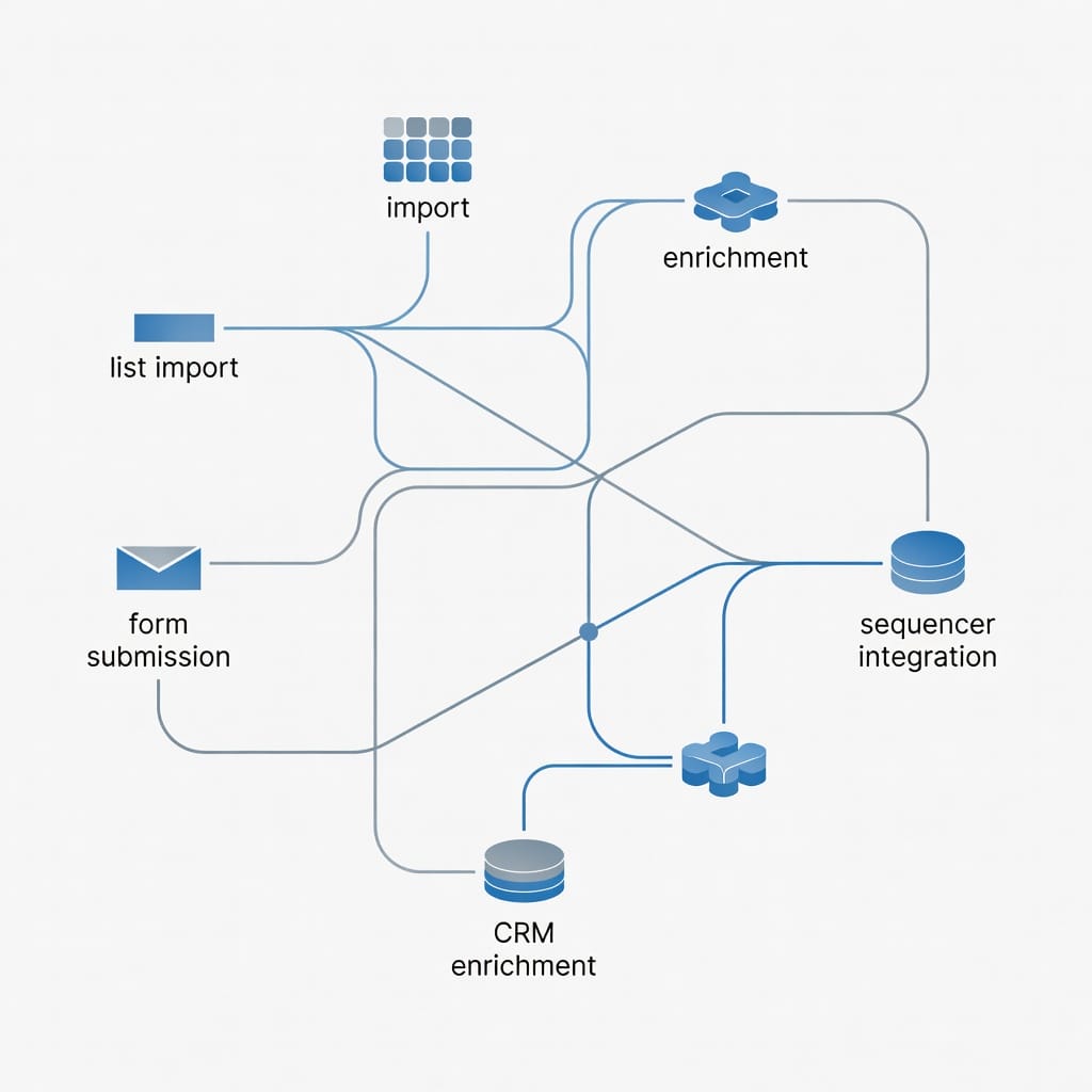 Workflow diagram showing email verification integration points across marketing and sales systems