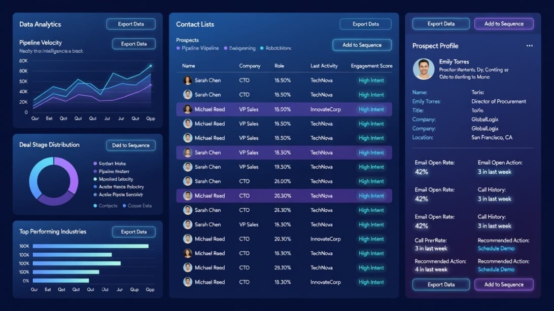 B2B sales intelligence dashboard showing contact lists and analytics