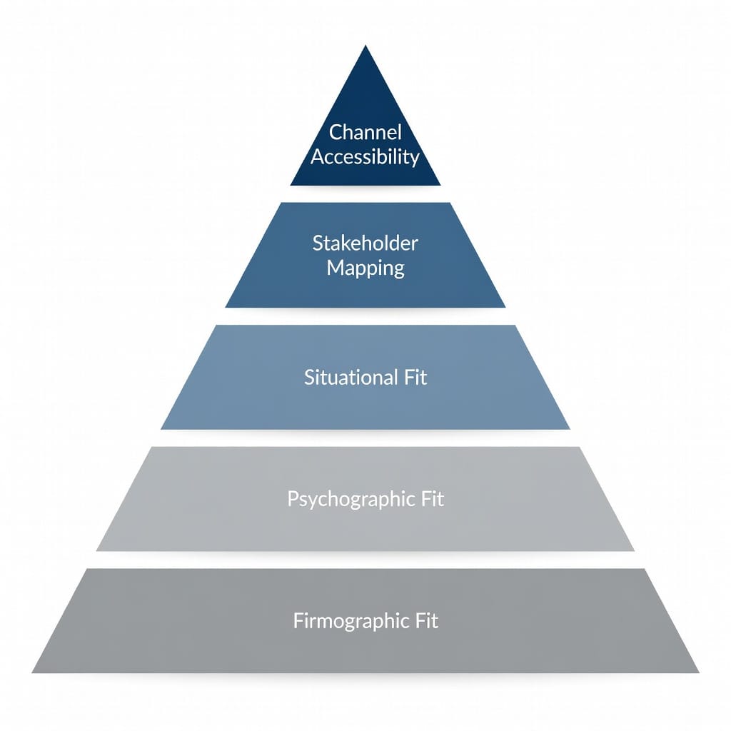 A five-layer pyramid framework showing the B2B target audience definition process from Firmographic Fit through Psychographic Fit, Situational Fit, Stakeholder Mapping, and Channel Accessibility.