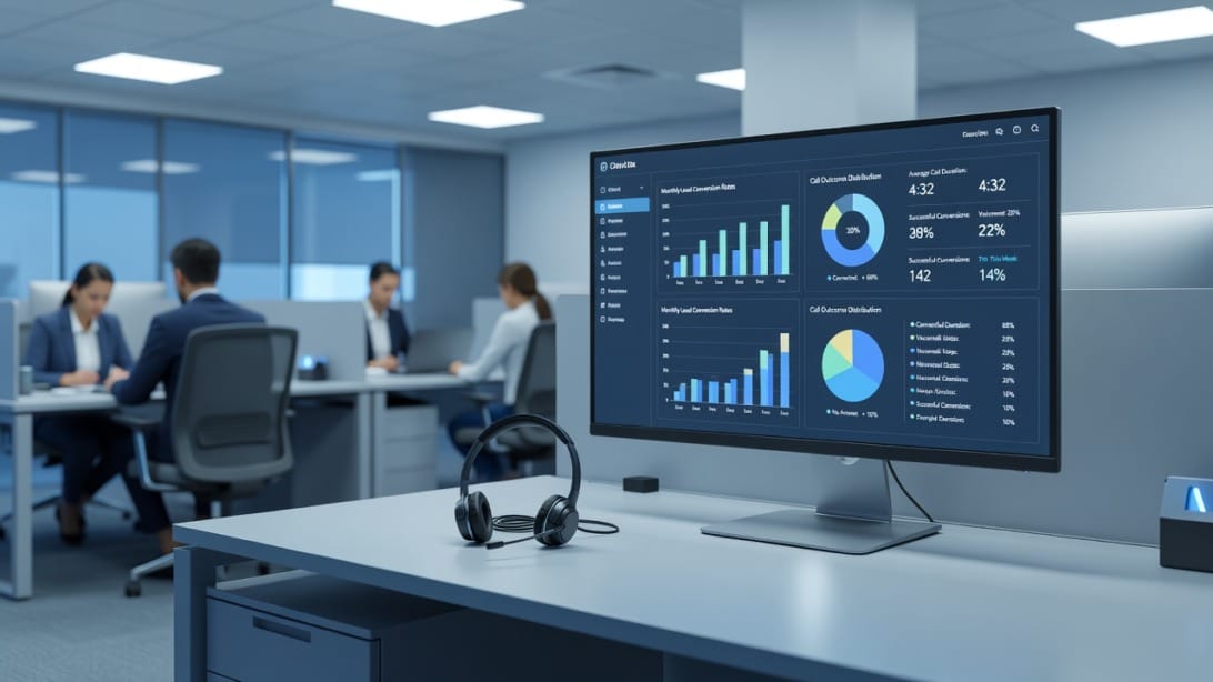 Modern B2B telemarketing workstation with headset and CRM analytics