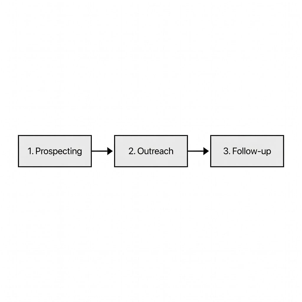 Backlink outreach workflow diagram showing prospecting, email, follow-up, and link acquisition steps