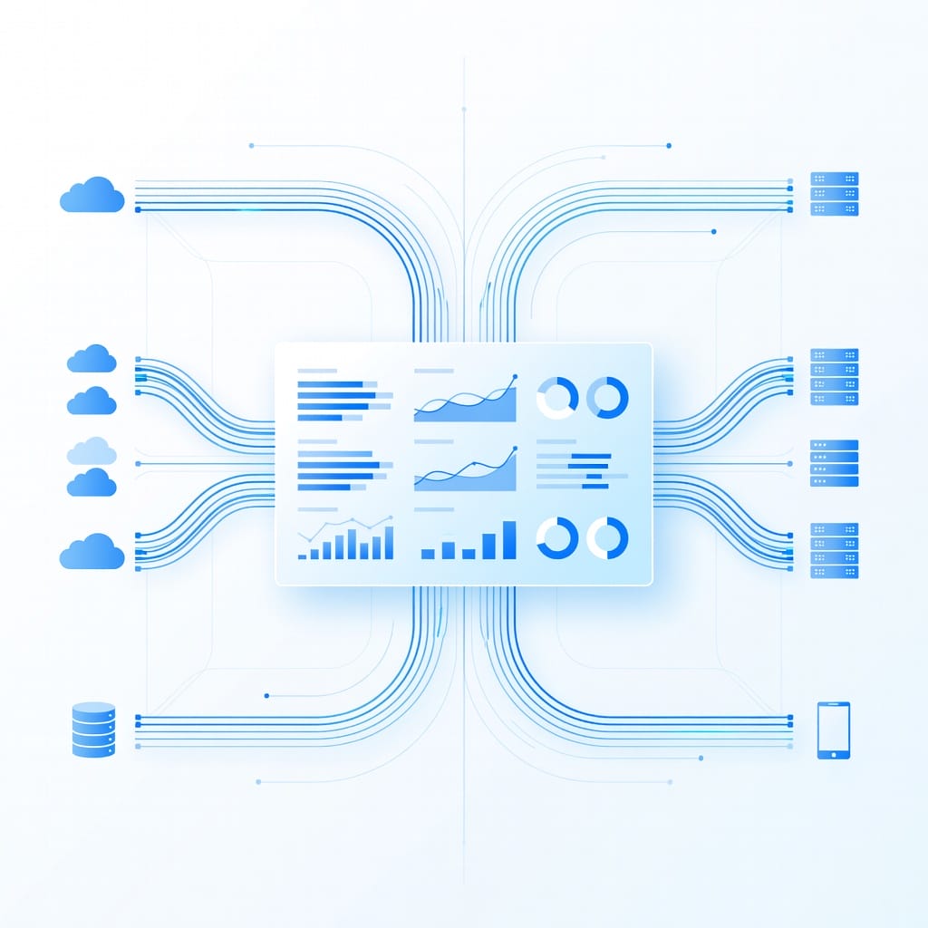 Abstract illustration of business data flowing from multiple sources into an organized dashboard