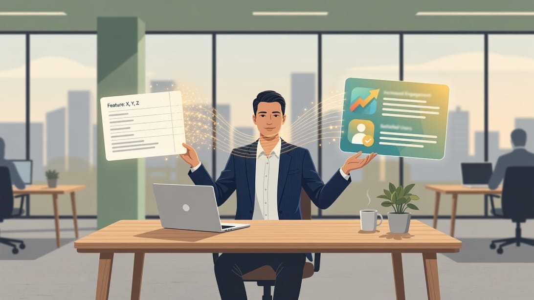 Illustration showing a product feature being translated into a customer benefit outcome.