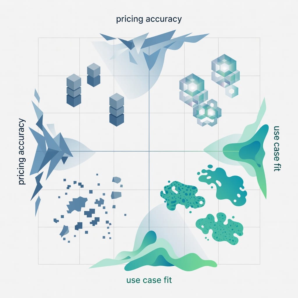 Illustration of a decision matrix comparing pricing accuracy and use case fit for consumer research tools