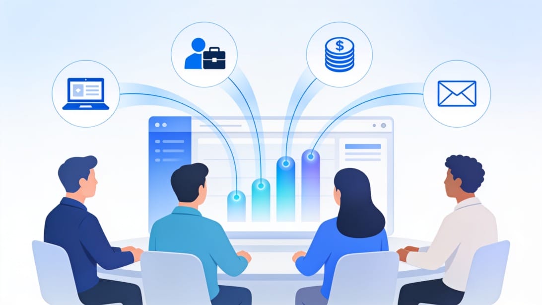 Illustration of buying signals from multiple sources flowing into a sales dashboard