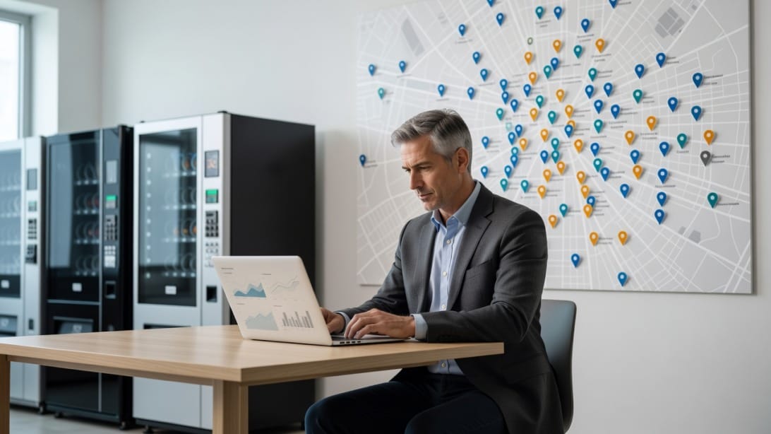 Vending machine operator reviewing personalized cold email sequences for local prospects