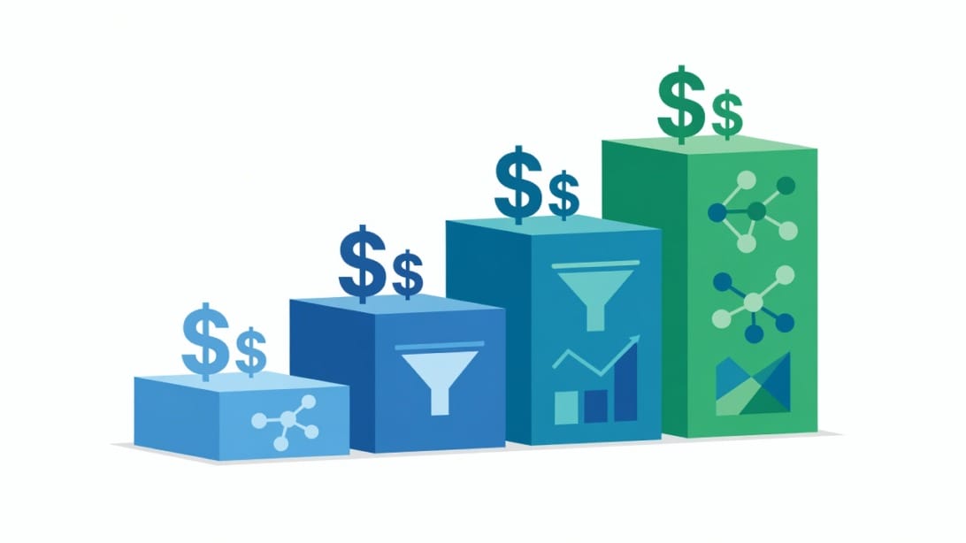 Four-tier CRM pricing structure illustrated as ascending steps from basic to enterprise level