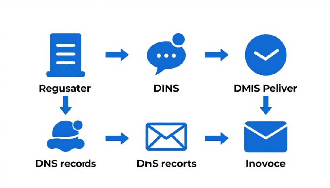 Cold email DNS flow showing domain registrar, DNS records, mailbox providers, and inbox placement path