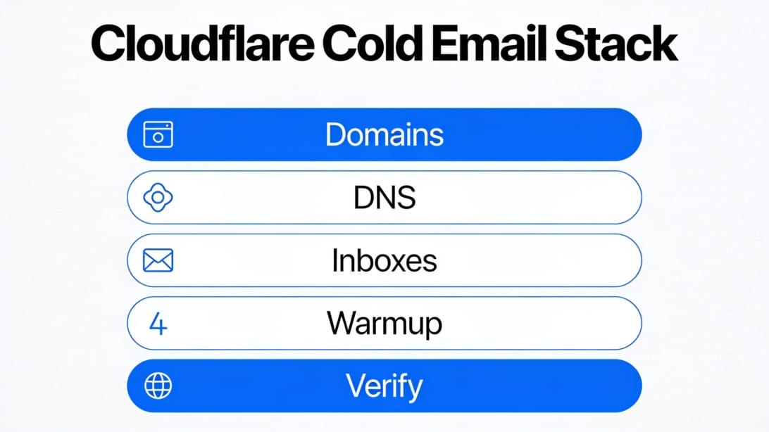 Cold email infrastructure diagram showing the complete stack: Cloudflare Registrar for domains, DNS configuration, email inboxes, Mystrika for campaign management, DoYouMail for SMTP infrastructure, and Filter Bounce for email verification