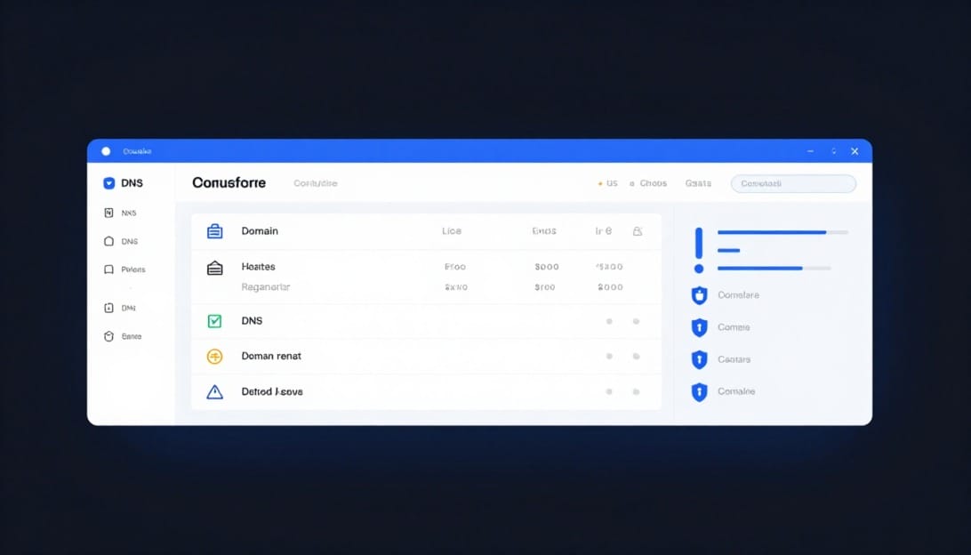 Cloudflare Registrar dashboard showing domain management interface with DNS settings, SSL configuration, and domain registration controls