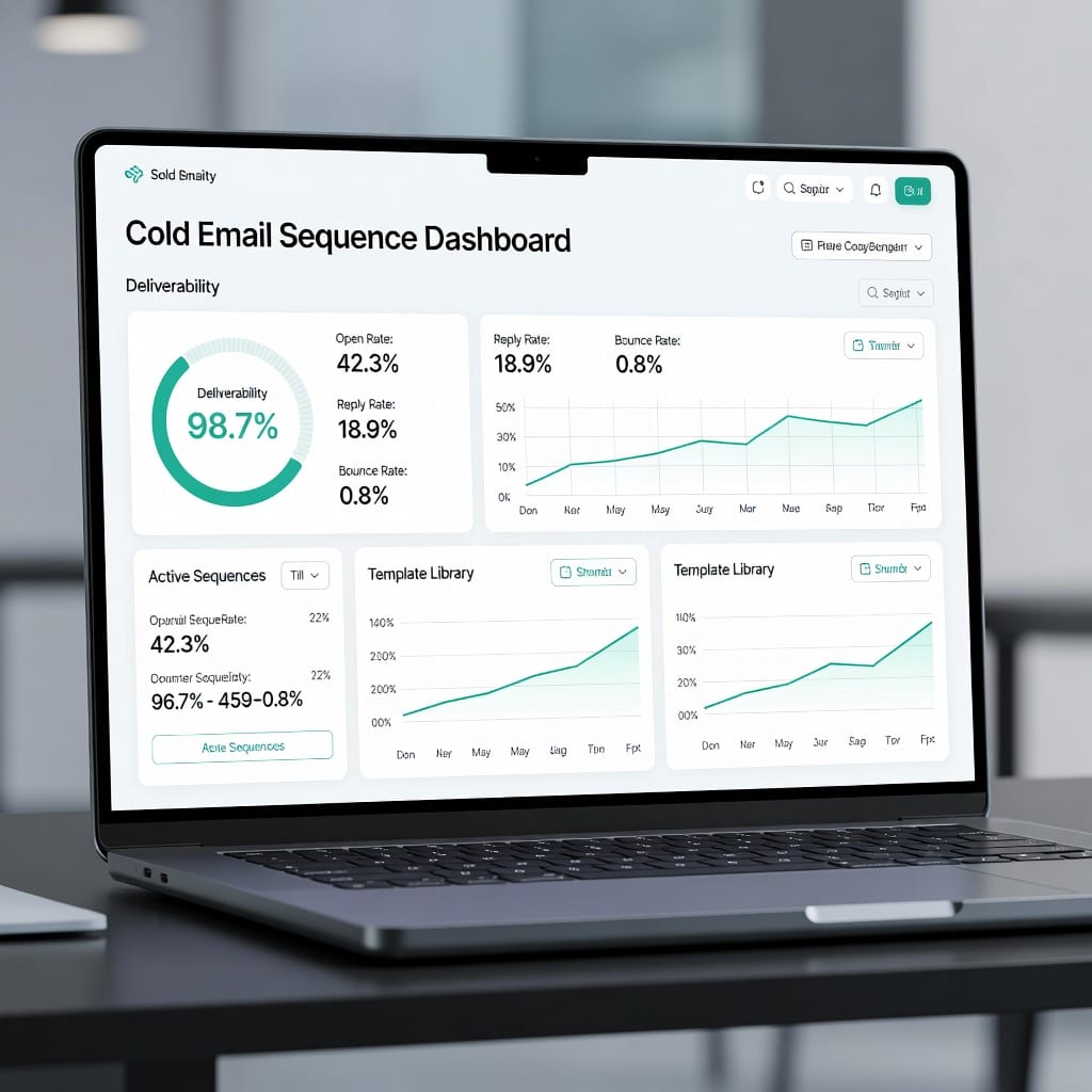 A laptop screen showing a cold email sequence dashboard with high deliverability metrics