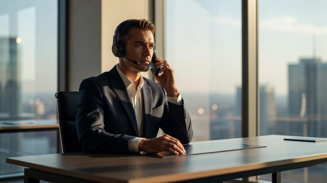 Sales professional making a cold call from a modern office with city view