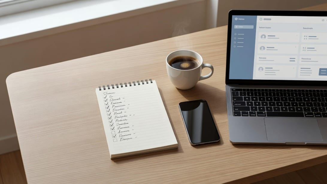 Organized sales workspace with checklist notepad, CRM dashboard, and calling tools