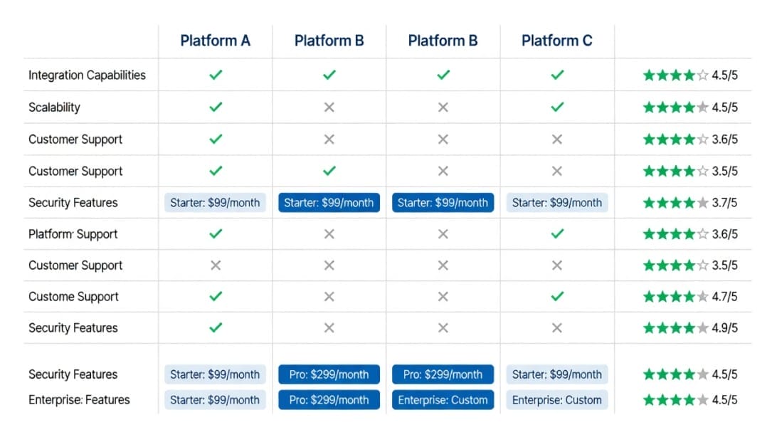 Comparison chart showing DiscoverOrg alternatives with feature checkmarks and pricing tiers
