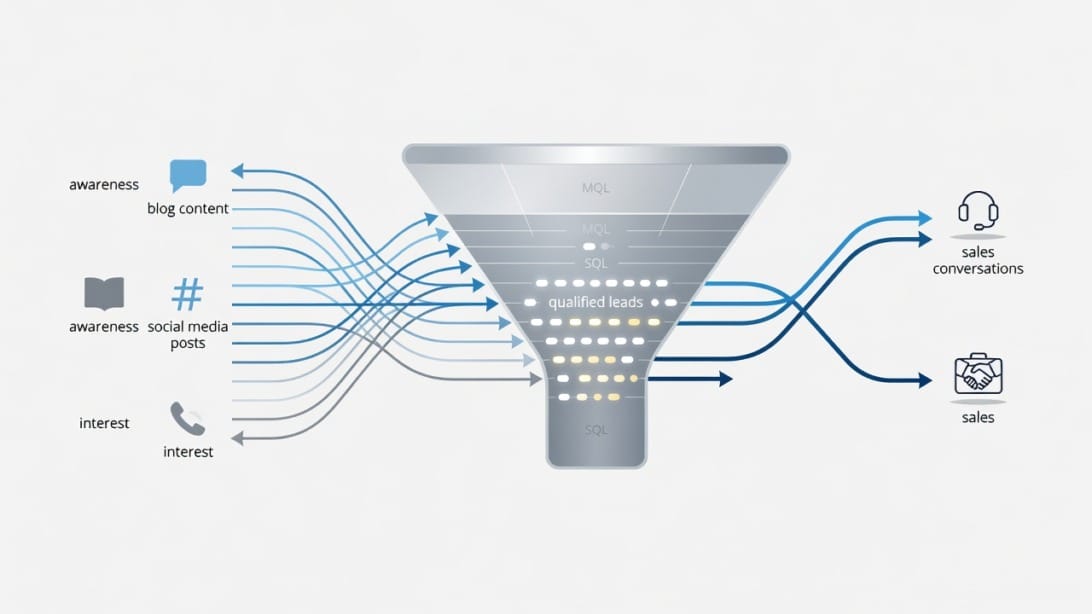 B2B content marketing funnel from content creation through distribution to lead generation showing the conversion flow