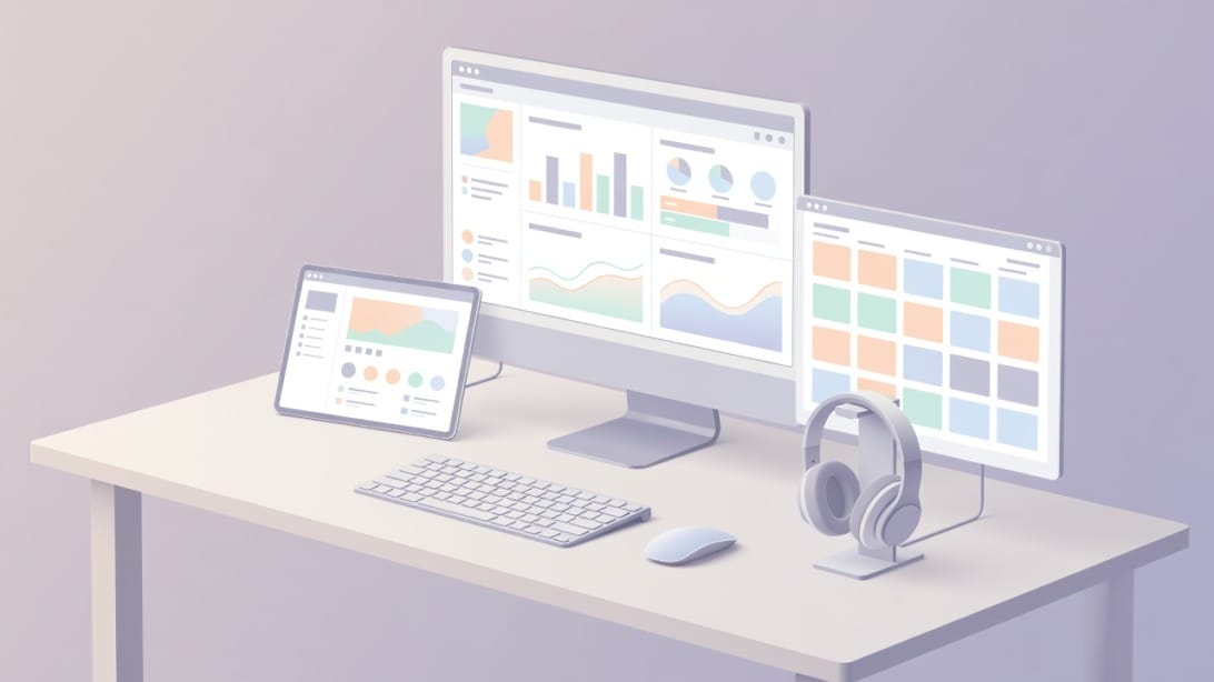 Content creator workspace with multiple screens displaying social media management dashboards and design tools