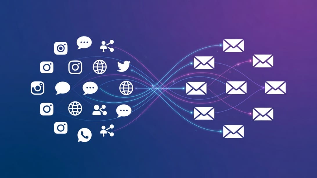 Illustration showing social media and email channels connected by data flow lines representing a multi-channel marketing strategy