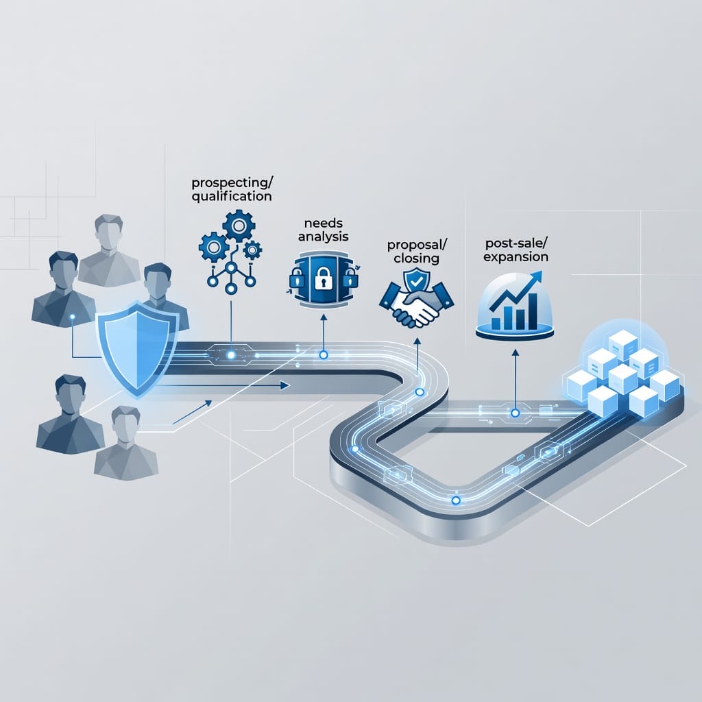 Illustration of lead qualification and deal flow in a cybersecurity sales pipeline