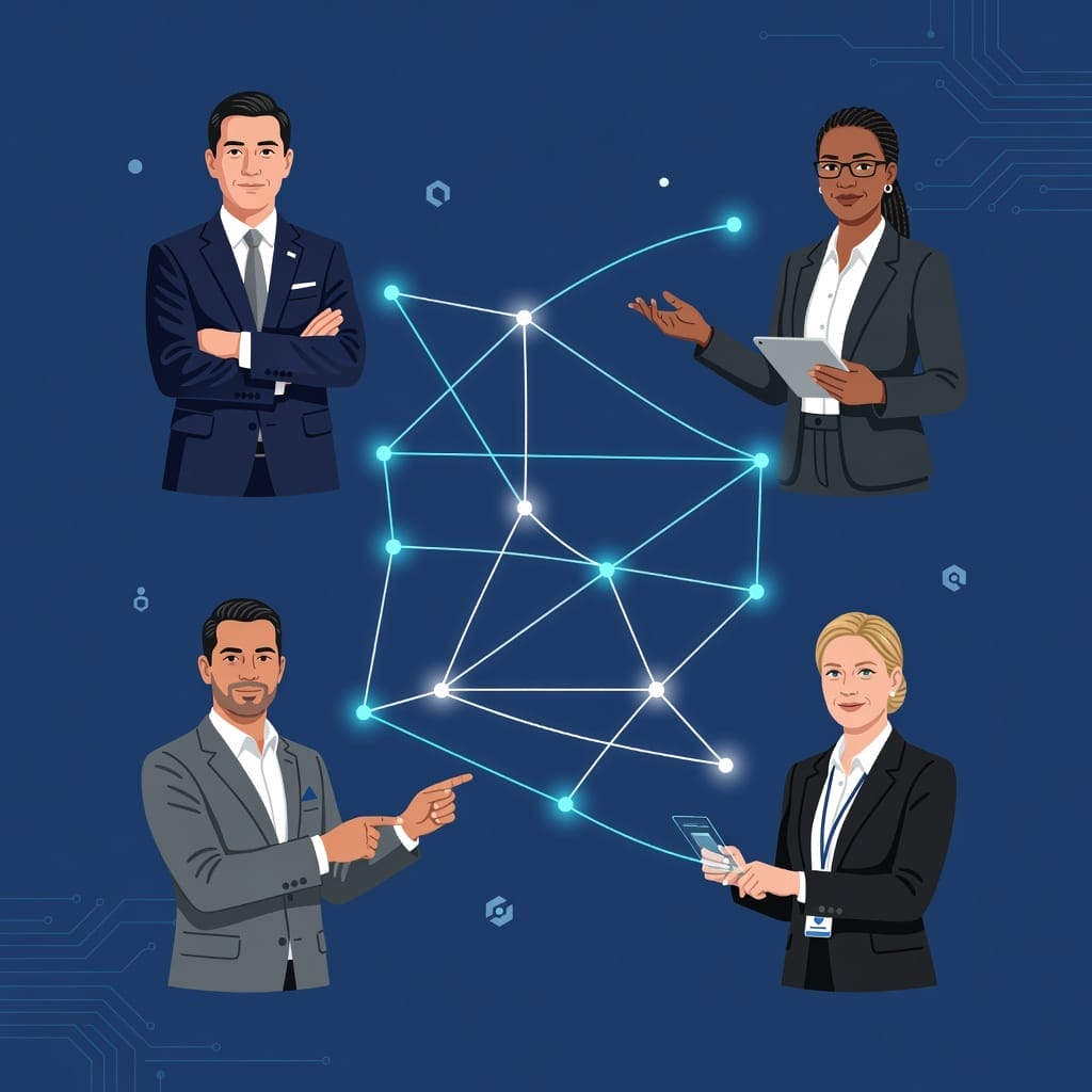 IT decision makers network illustration showing diverse IT professionals connected by data lines for email outreach targeting