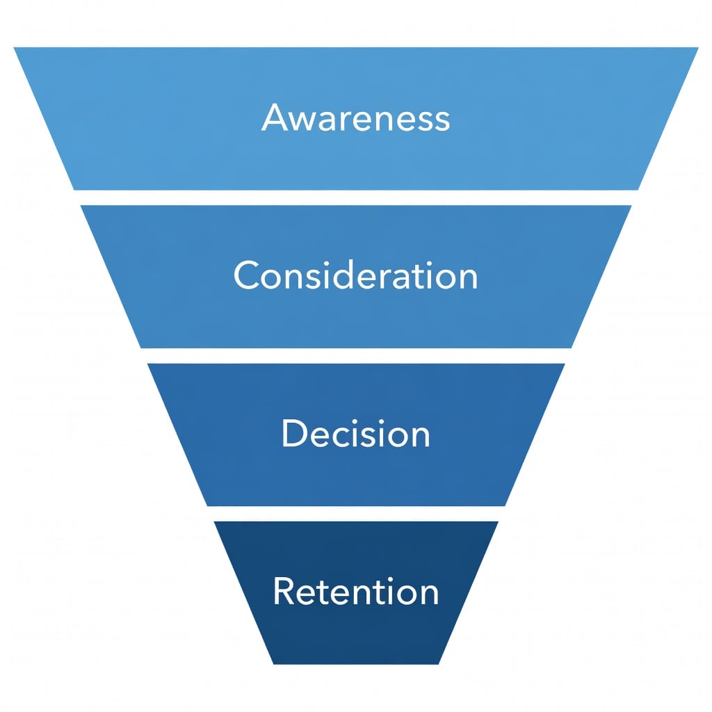 Demand generation funnel diagram showing awareness consideration decision and retention stages