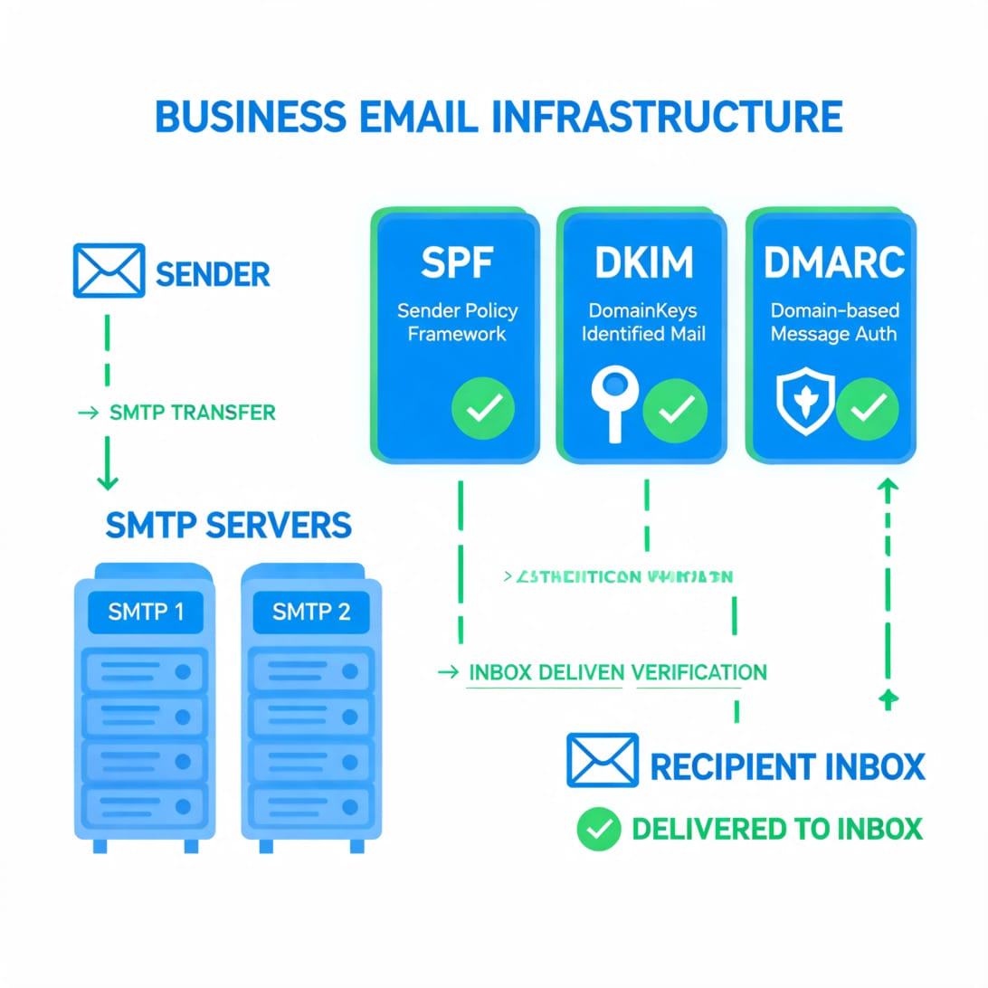 Reliable business email infrastructure with SMTP servers, SPF, DKIM, DMARC authentication and inbox delivery path