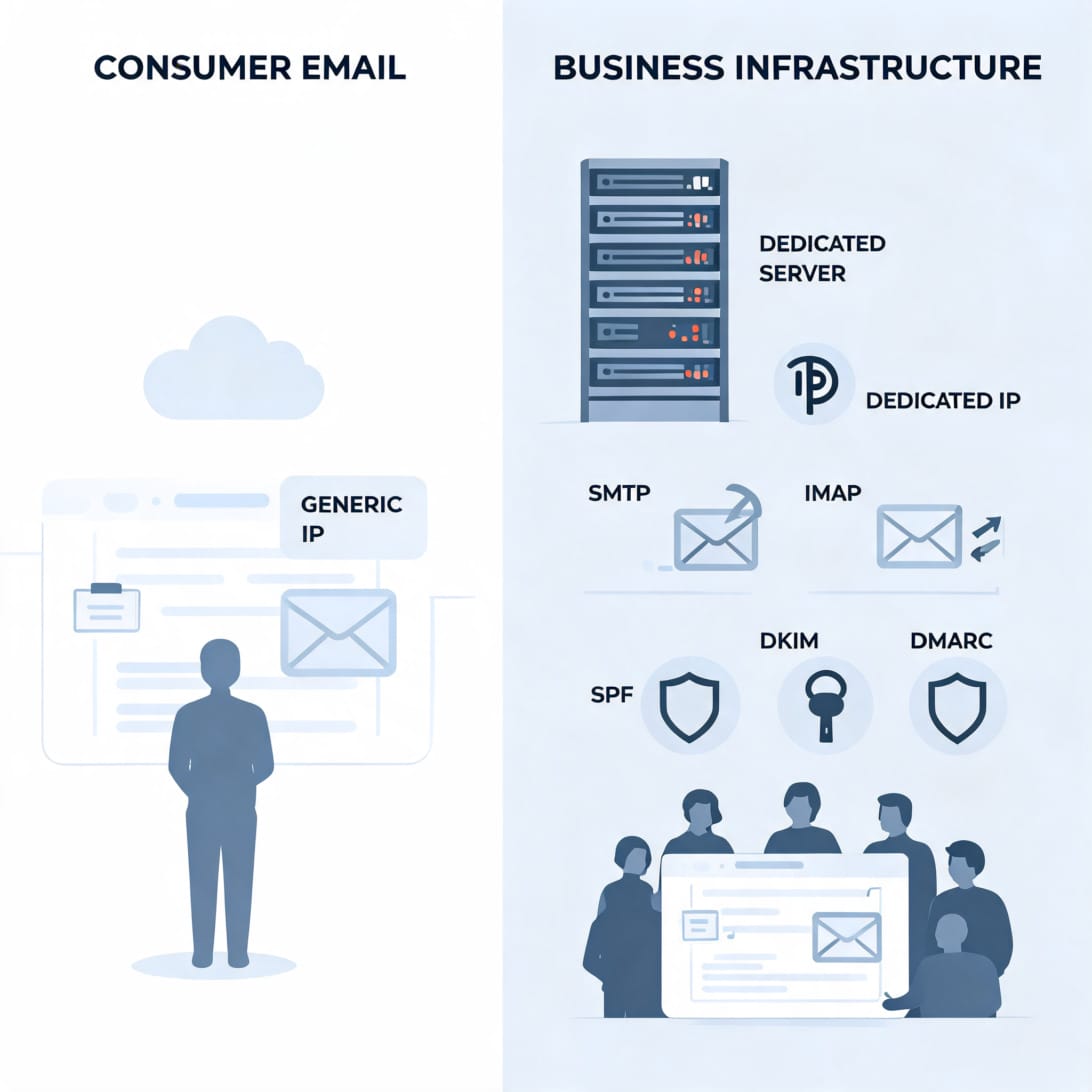 DoYouMail versus Gmail business email infrastructure with dedicated server, dedicated IP, SMTP IMAP, SPF DKIM DMARC, and team inbox concepts