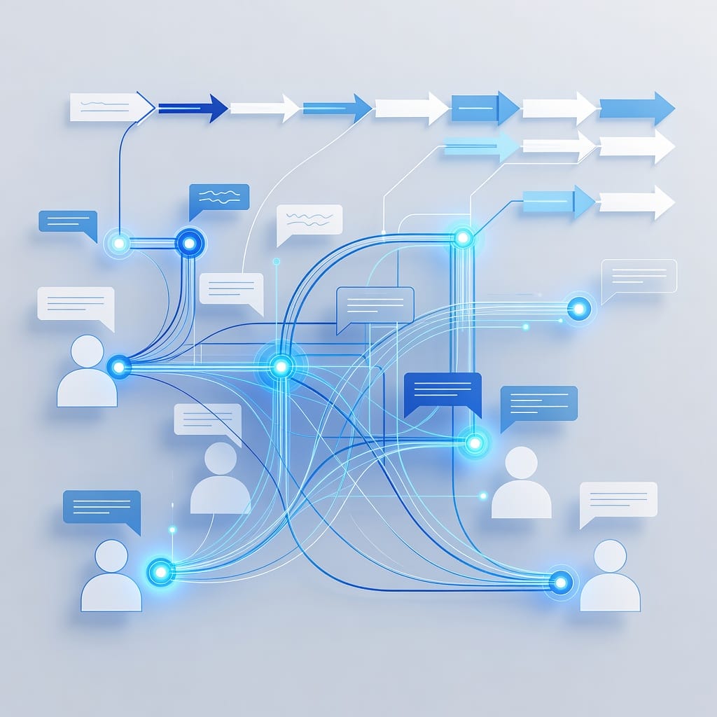 Illustration of conversational AI chat flows connecting website visitors to sales workflows
