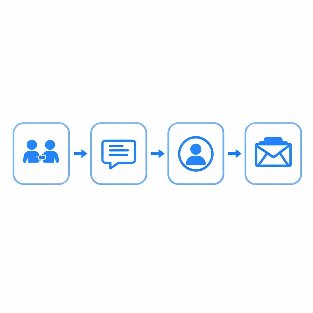 Drip campaign sequence with connection requests, follow-up messages, profile visits, and smart inbox icons connected in a flow