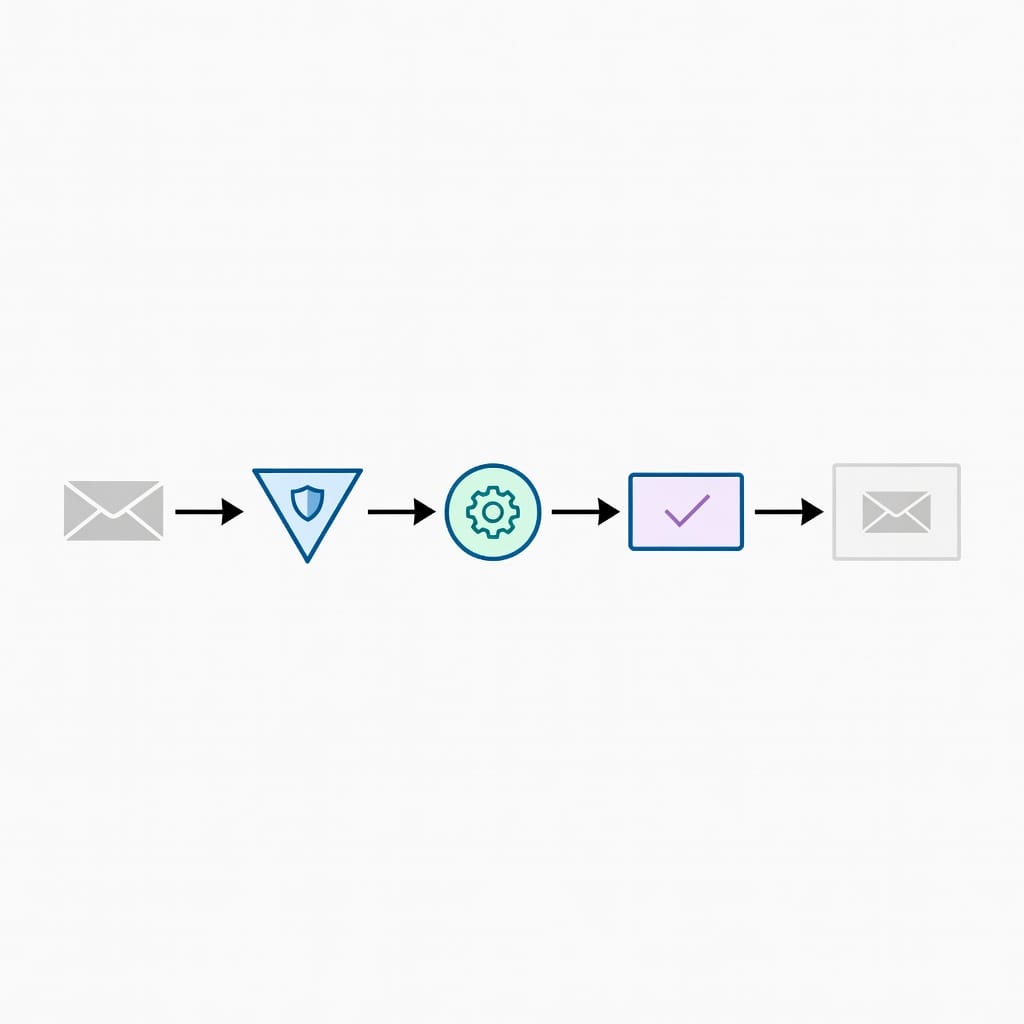 Email authentication flow diagram showing SPF, DKIM, and DMARC verification layers protecting email delivery for wealth management communications