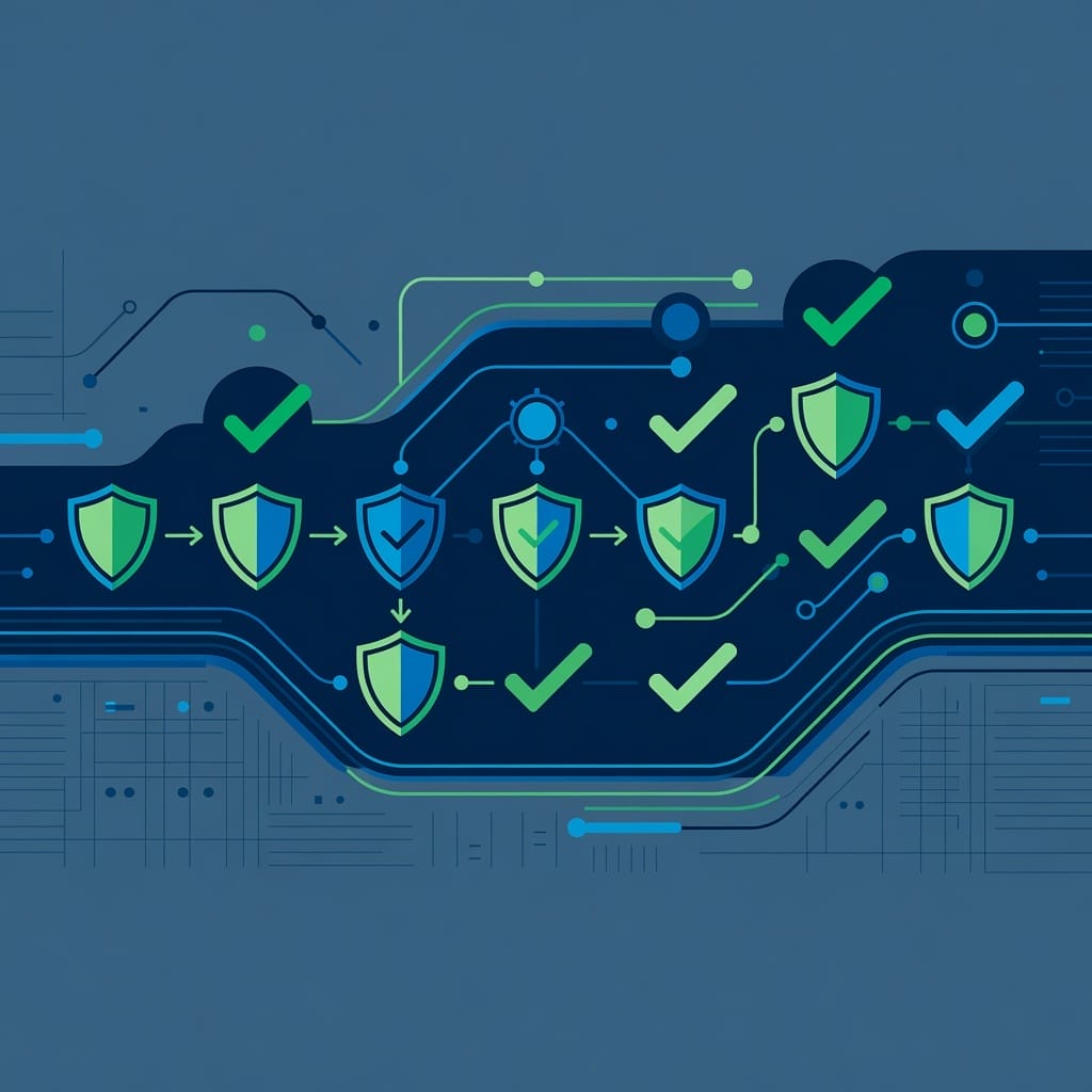 Email authentication flow diagram with shield and checkmark motifs
