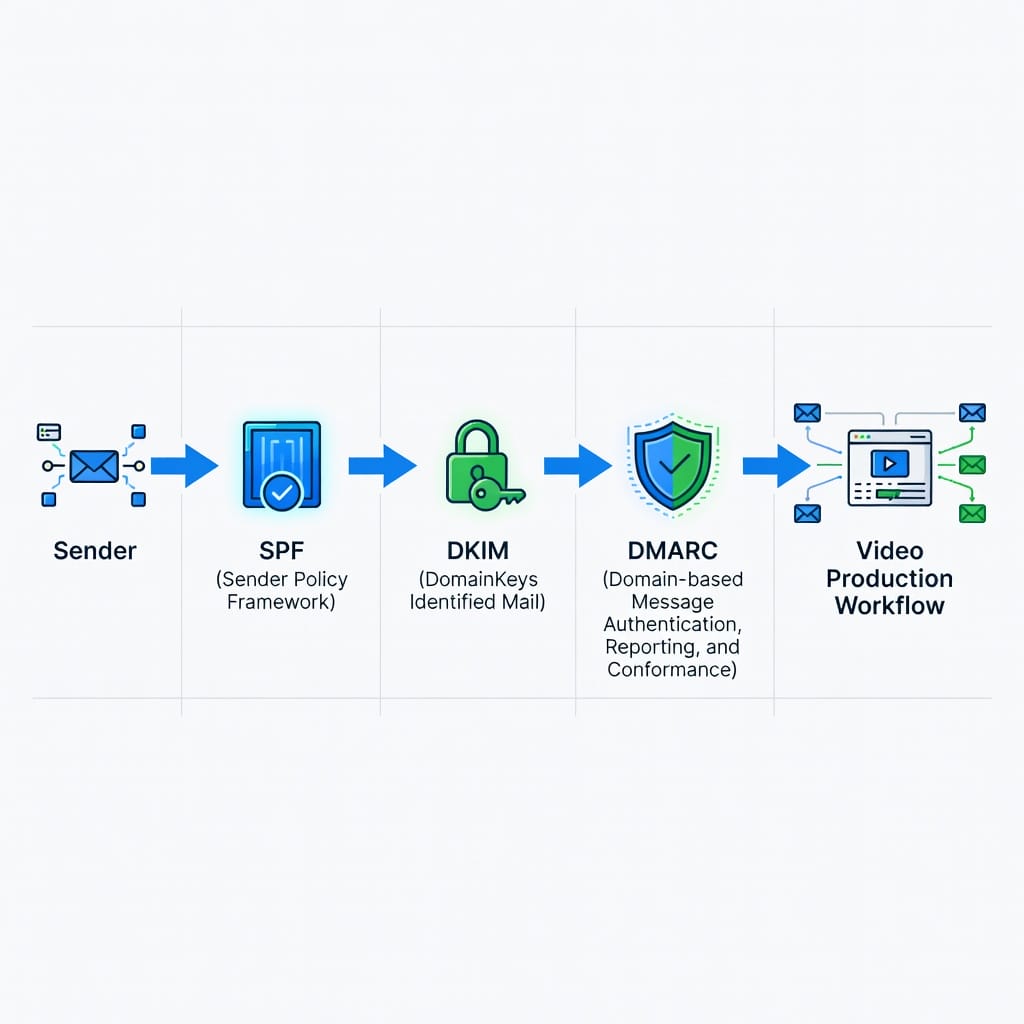 Email authentication flow with SPF DKIM and DMARC checkpoints