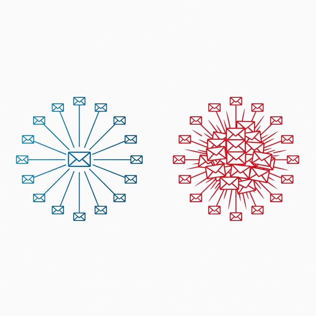 Comparison diagram showing email blast versus email bomb side by side