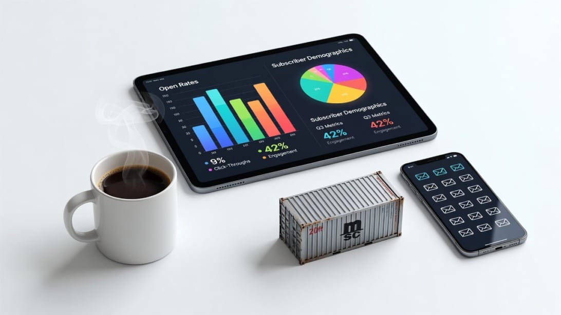 Flat lay desk setup with email campaign analytics tablet and shipping container model for logistics lead generation